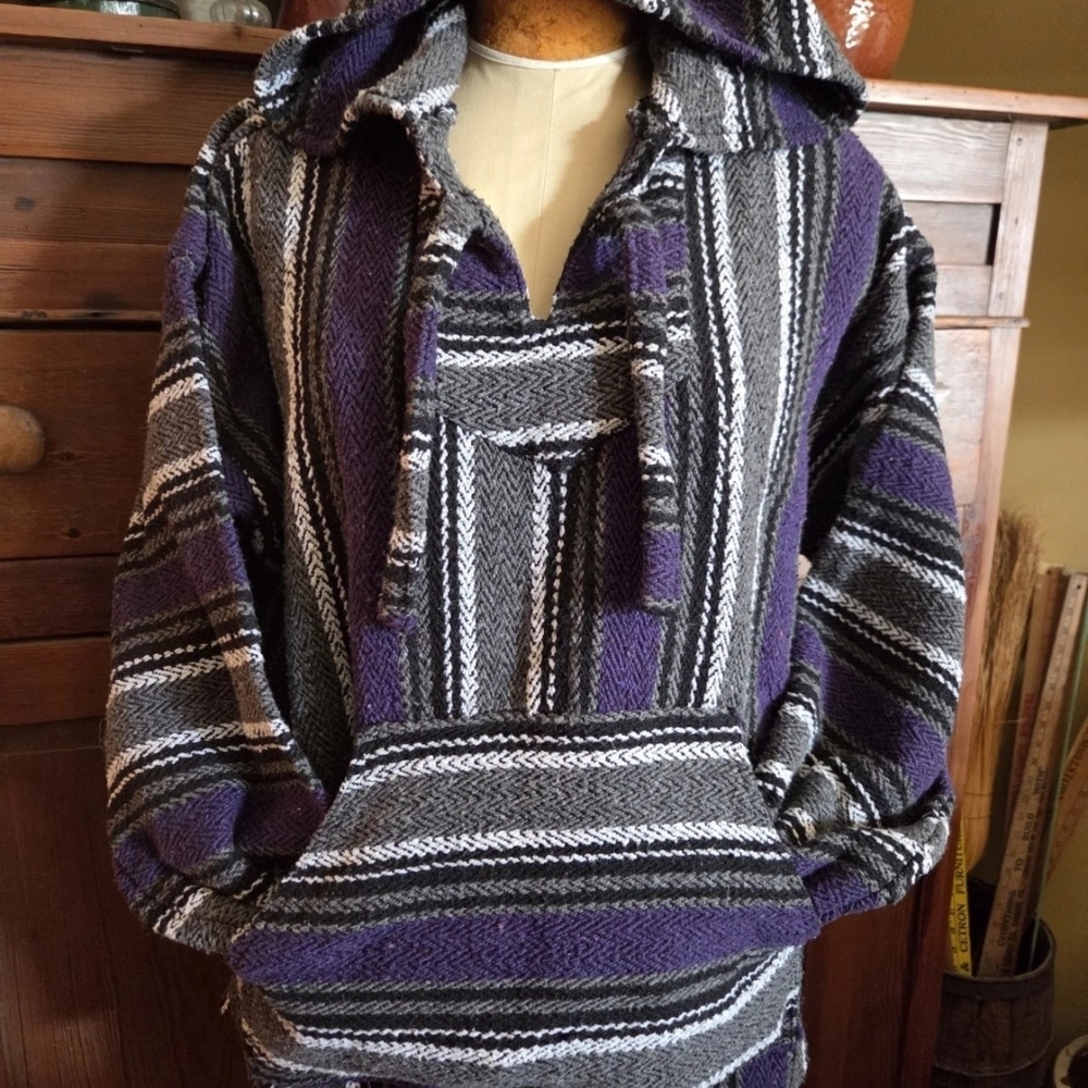 Earth Ragz Hoodie Mens 2XL Purple Baja Woven Striped Pullover Drug Rug Poncho